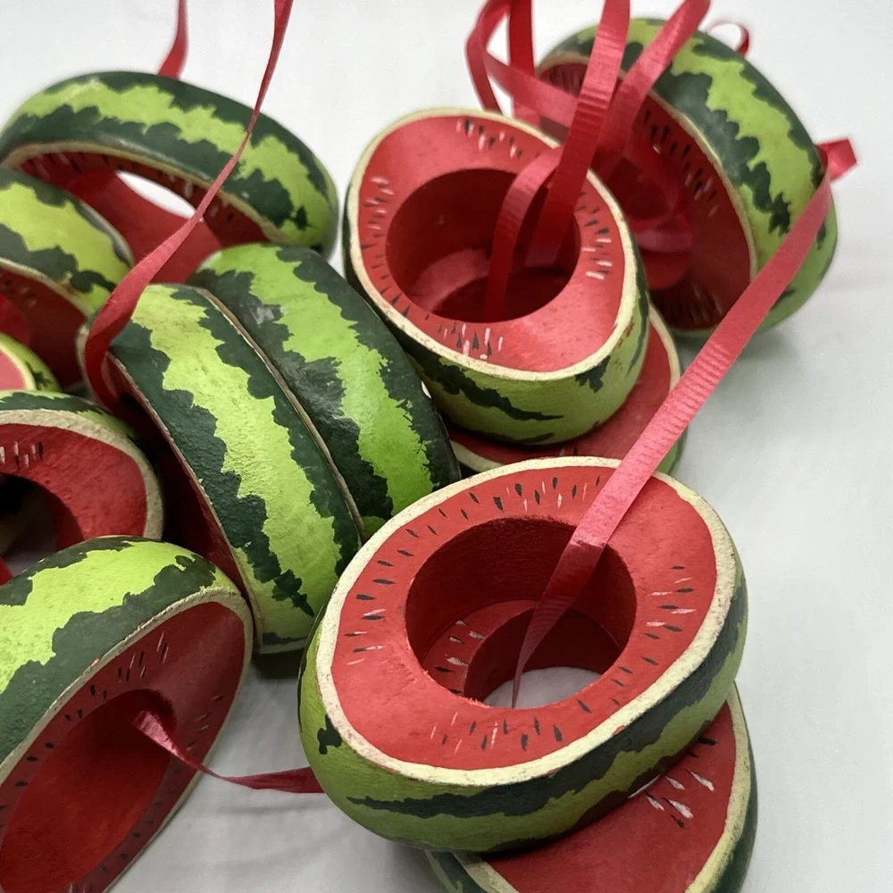 Set of 12 Vintage Watermelon Wooden Napkin Rings Hand Painted Summer Fruit Decor